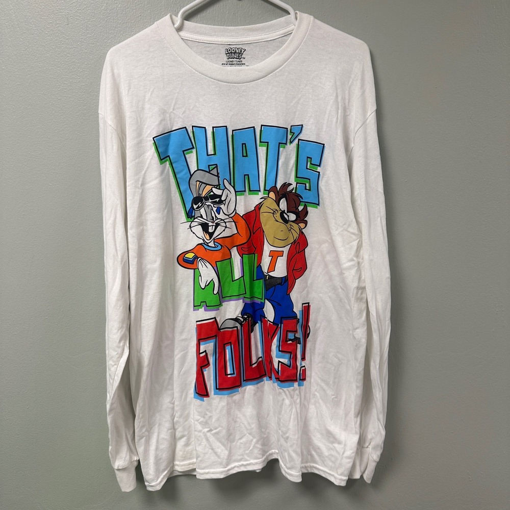 Looney Tunes Bugs Bunny Taz Thats All Folks White Long Sleeve Graphic Shirt L